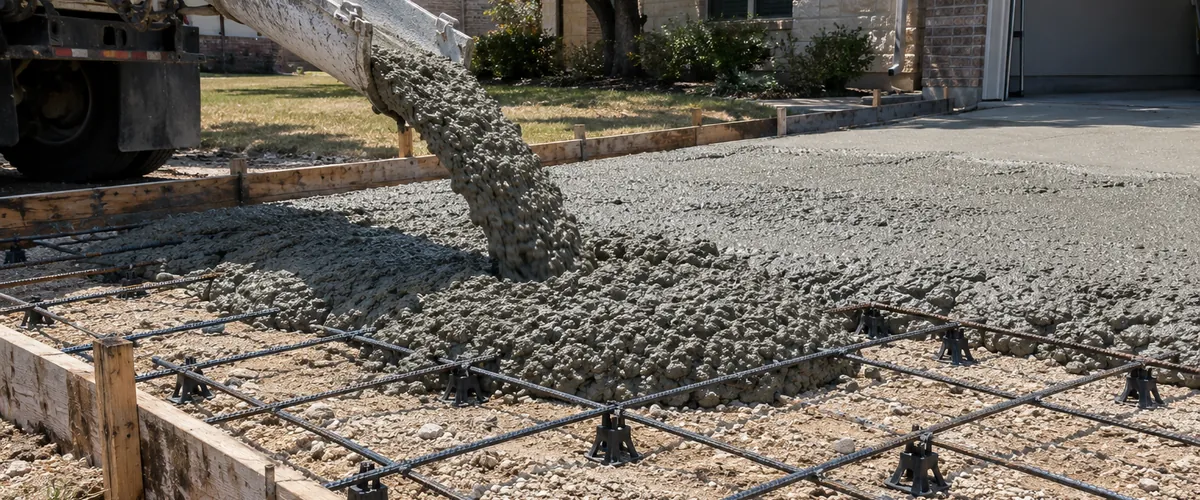 Concrete Contractor in Waco, TX, example photo: concrete pouring from a ready-mix truck chute onto rebar inside driveway forms